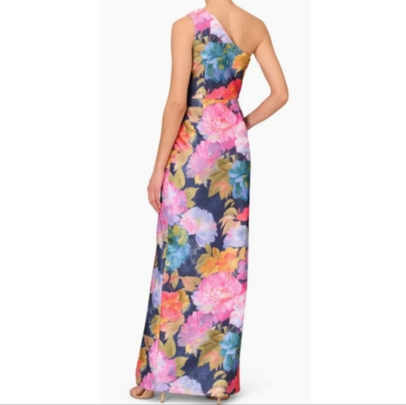 Aidan Mattox One Shoulder Draped Floral Gown With Thigh Slit In Navy Multi - Picture 2 of 14
